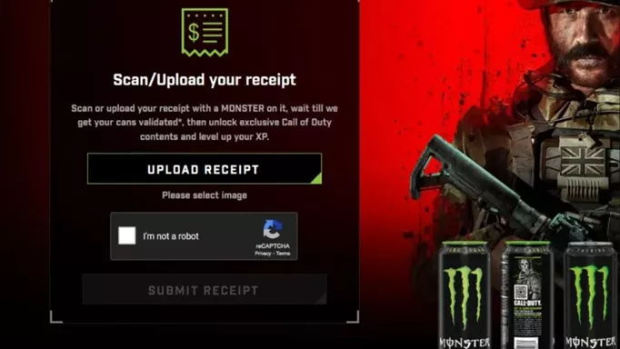 The screen where you scan/upload your receipts for the MW3 x Monster Energy crossover