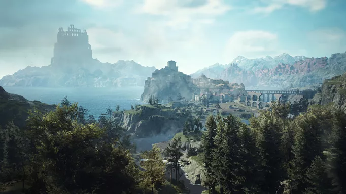 A landscape from the trailer of Dragon's Dogma 2.