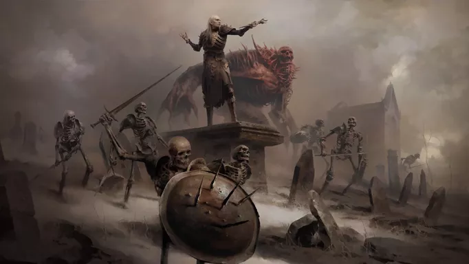 A necromancer leading an army of skeletons in Diablo IV.