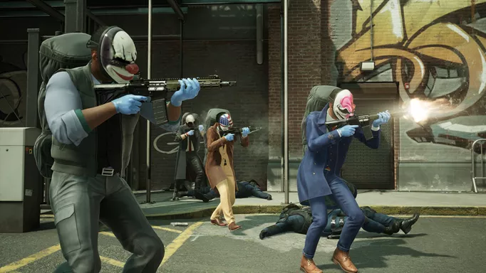Masked thieves shooting guns in PAYDAY 3