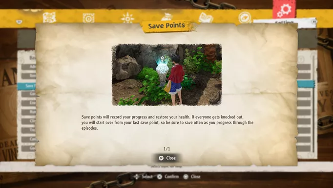 Screenshot showing saving points screen in One Piece Odyssey