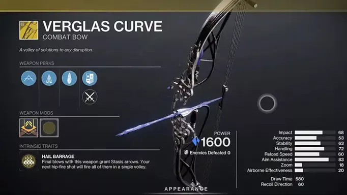 Destiny 2 Verglas Curve: The stat page for the weapon