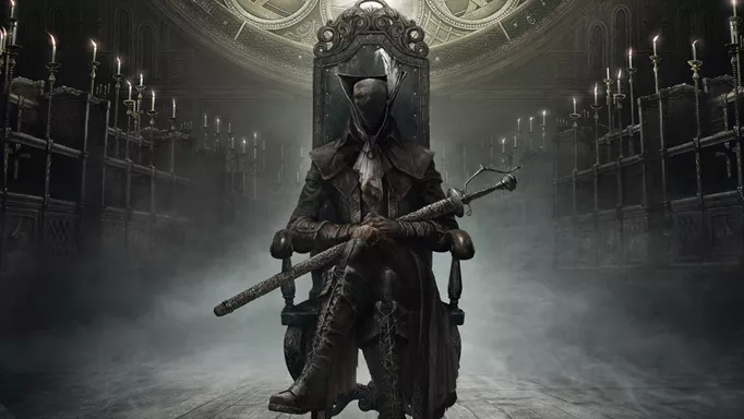 The protagonist of Bloodborne sat atop a throne.