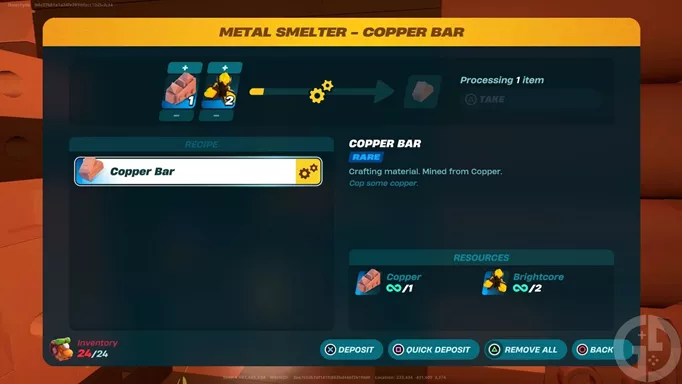 A Metal Smelter being used to process a Copper Bar in LEGO Fortnite