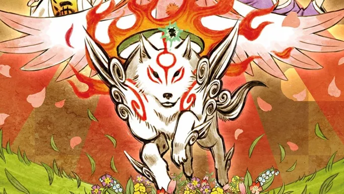 Key art of Okami with Amaterasu in the middle of the frame