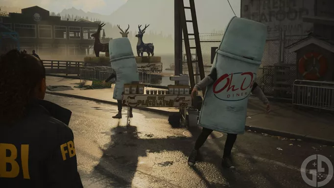 Some moments, like these coffee thermos mascots break up the tension in Alan Wake 2