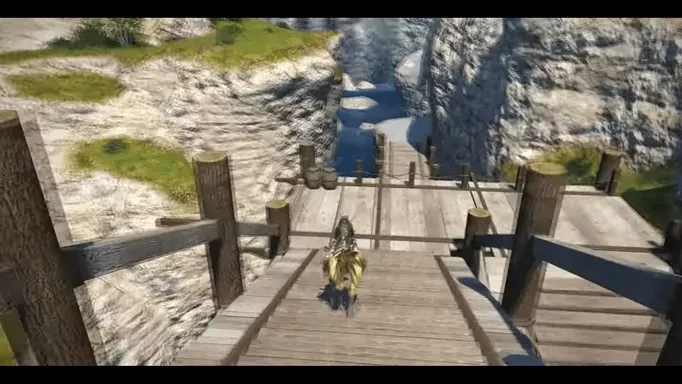 Chocobo running on a bridge in FFXIV