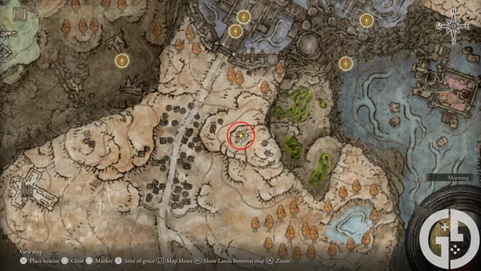 Map showing the Rolling Sparks Ash of War location in Elden Ring Shadow of the Erdtree