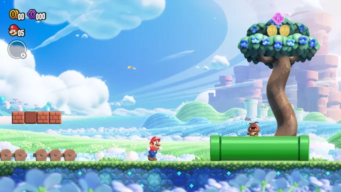 Mario running towards a pipe with a Goomba on in Super Mario Wonder