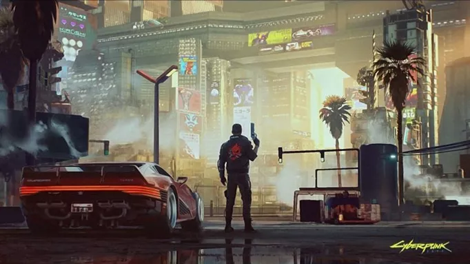 The protagonist of Cyberpunk 2077 looking over Night City.