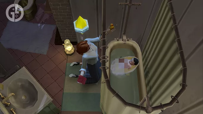 Image of a Sim parent bathing their Infant in The Sims 4