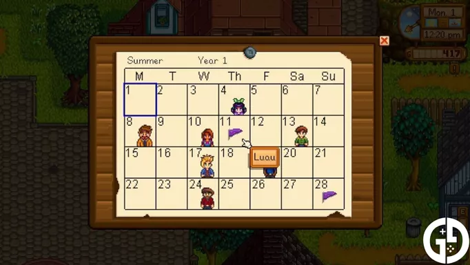 The calendar in Stardew Valley showing the date for the Luau as Summer, 11