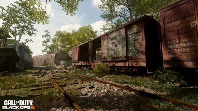 A multiplayer map from Black Ops 6, showing an overgrown train yard