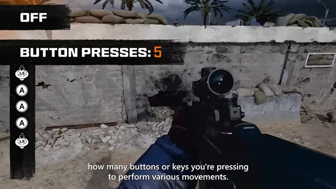 Intelligent movement set to off in Black Ops 6, with a graphic showing how many button presses are required without it