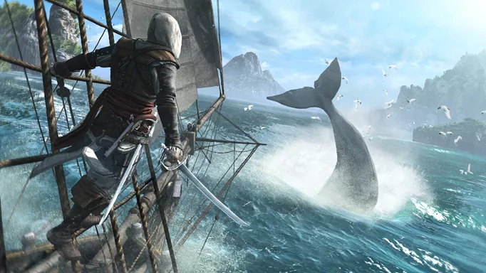 Edward Kenway looks out as a whale kicks its tail in the ocean of Assassin's Creed: Black Flag.