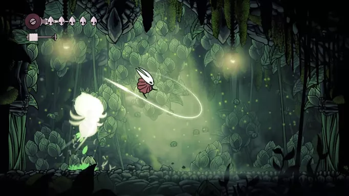 Hollow Knight Silksong gameplay screenshot of the player leaping while attacking