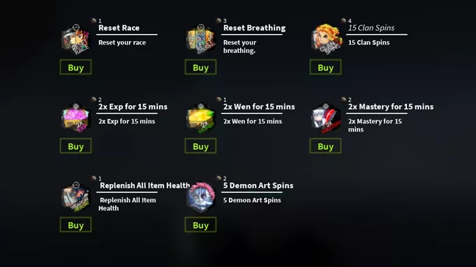 an image of the shop menu in Project Slayers with items you can purchase with Ore