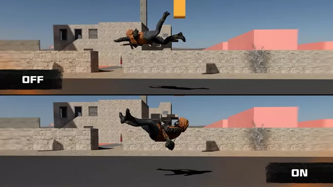 Omnimovement in Black Ops 6, showing a comparison of diving backwards with the setting enabled on vs off