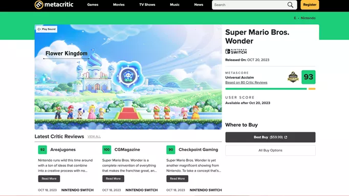 Super Mario Bros. Wonder Metacritic reviews