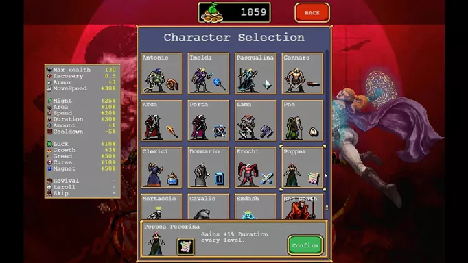 The character selection screen in Vampire Survivors, where some secret unlocks can be chosen