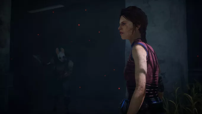 Meg being stalked by The Huntress from the dark in Dead by Daylight's Lights Out event