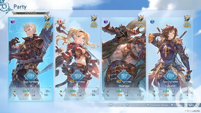 Image of a party with Id, Zeta, Vaseraga, and Lancelot in Granblue Fantasy Relink