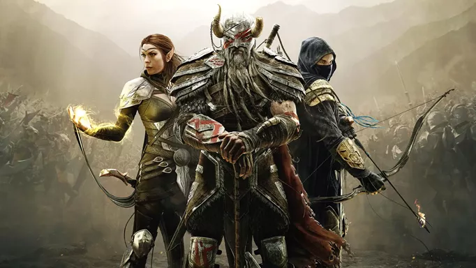 The key art for Elder Scrolls online, starring a barbarian, an archer, and a mage.