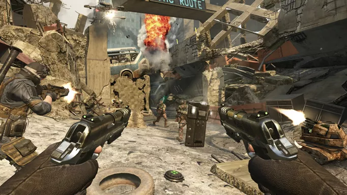 A player rocking akimbo pistols in Black Ops II.