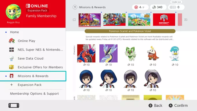 Selecting Mission and Rewards from the Nintendo Switch Online menu. Part of the how to get Pokemon Scarlet and Violet Switch icons