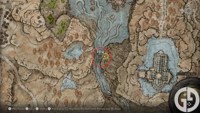 Map showing the Ruins of Unte waterfall in Elden Ring Shadow of the Erdtree
