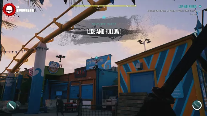 an image of Dead Island 2 gameplay showing the starting location of Like and Follow