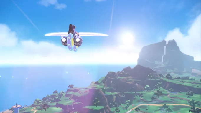 A trainer flying over the region from the back of their Pokemon
