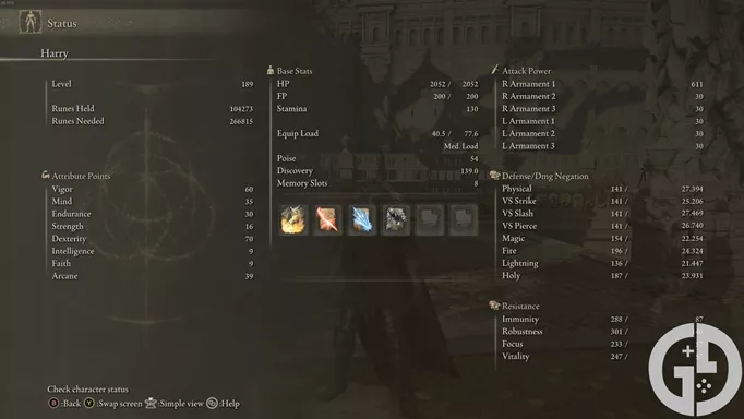 Image of the status screen of a level 189 character in Elden Ring