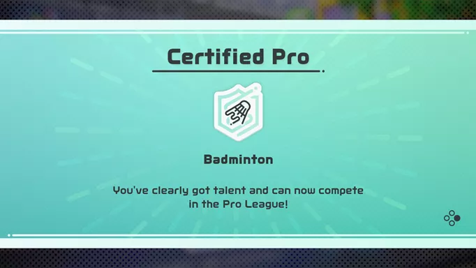 The text that appears when you unlock the Nintendo Switch Sports Pro League, designating you as a "Certified Pro."
