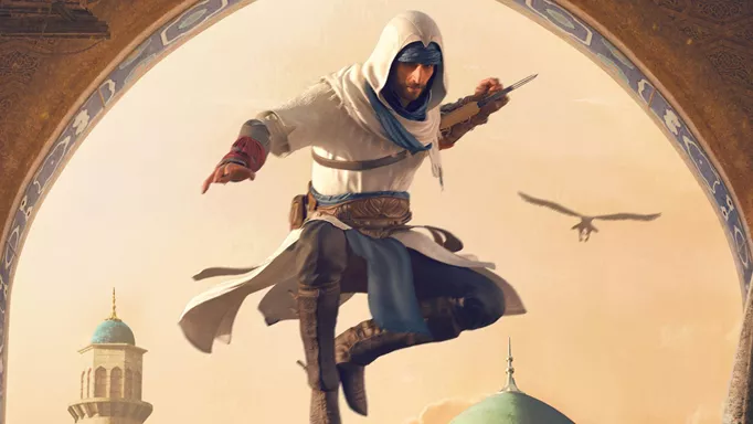 Assaassin's Creed Mirage's Basim, hopping in key art for the game.