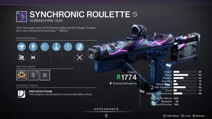 Destiny 2 Synchronic Roulette: perk page for the weapon