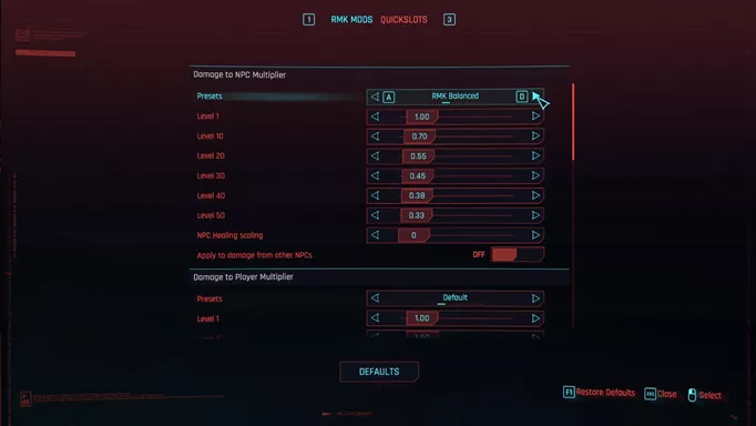 The level scaling mod menu for Cyberpunk 2077