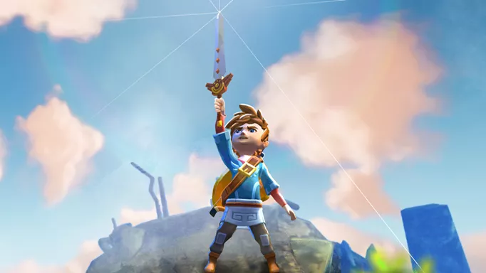 Key art of a character holding a sword into the air in Oceanhorn