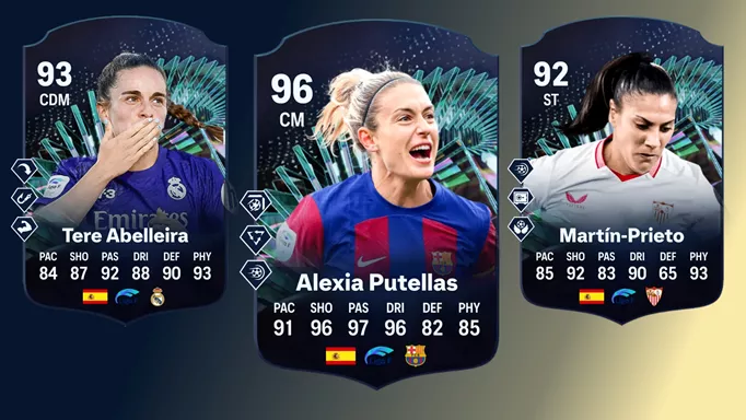 Image of three Liga F Moments TOTS cards in EA FC 24