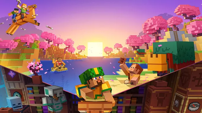 Key art for the latest Minecraft update, featuring the new cherry blossom trees and Sniffer mobs.