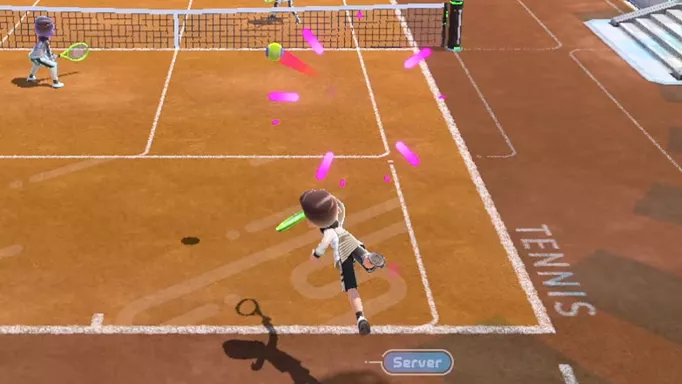 A Sportsmate power serves in Nintendo Switch Sports tennis.