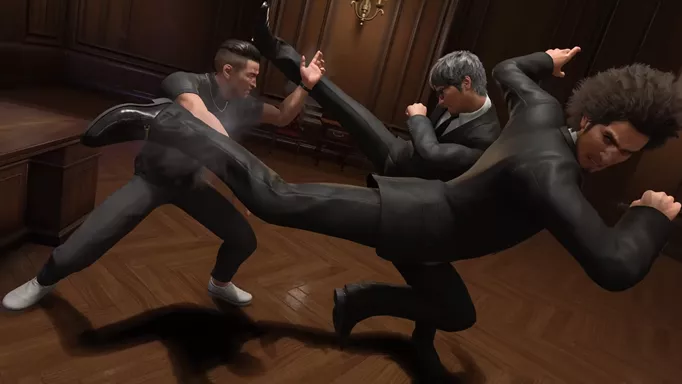 Ichiban and Kiryu kicking the same opponent at once in Like a Dragon Infinite Wealth