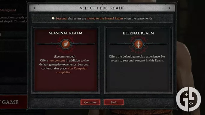 The menu for choosing Eternal or Seasonal realm in Diablo 4