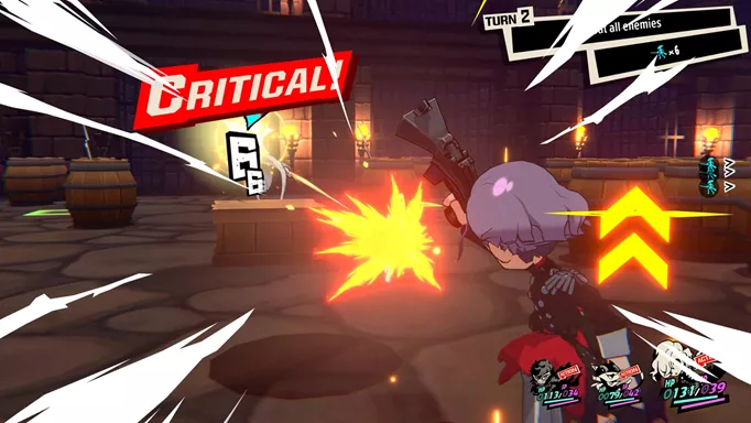 Elle performing a critical hit in Persona 5 Tactica's grid-and-turn-based gameplay