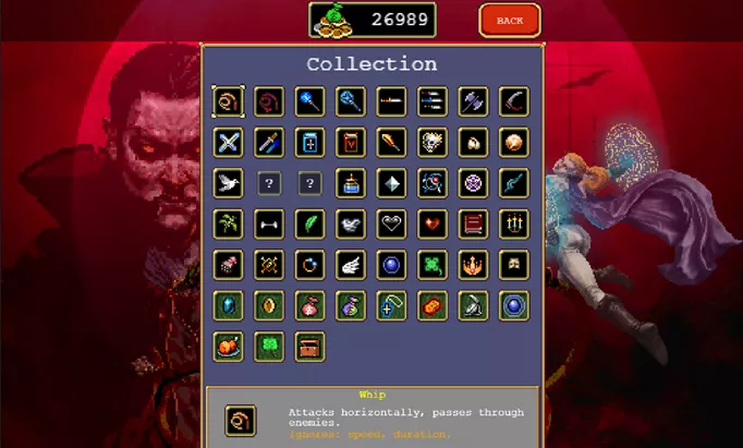 The collection screen in Vampire Survivors