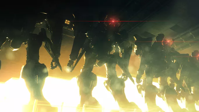 Key art for Armored Core 6 with four mechs lined up with glowing red eyes