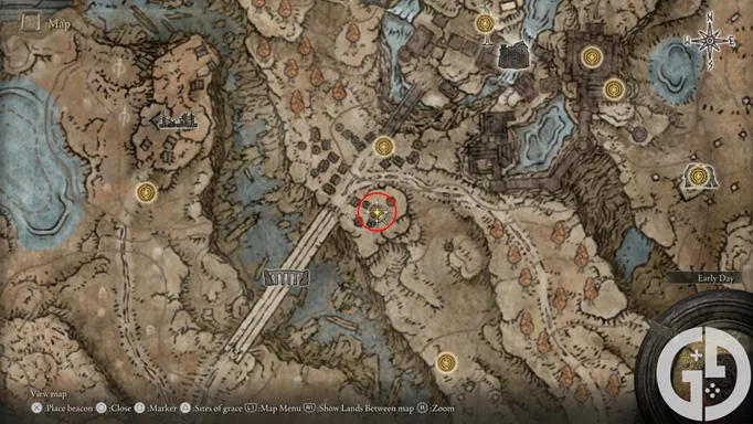 Map showing the location of the Firespark Perfume Bottle in Elden Ring Shadow of the Erdtree