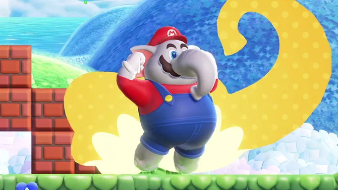 Mario using the Elephant power-up in Super Mario Bros. Wonder.