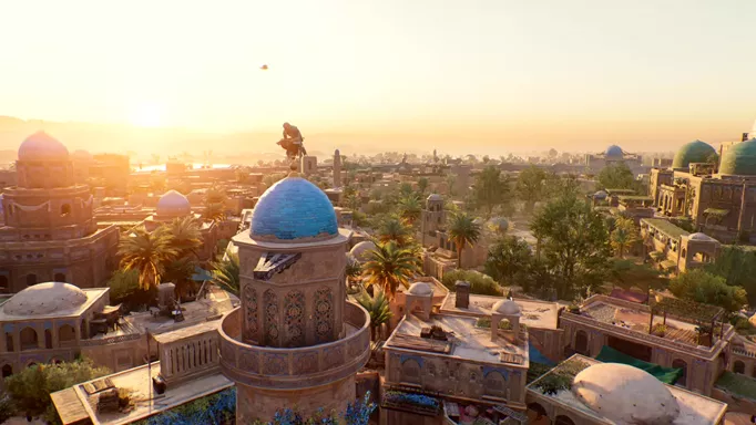 Basim perched on top of a building in Assassin's Creed Mirage