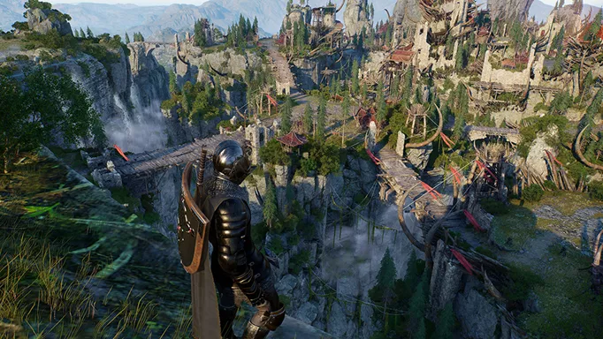 A character in armour overlooking a city on a cliff in Throne and Liberty
